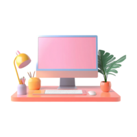 A pink computer monitor, keyboard, and lamp on a desk png