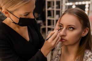 Make-up artist working with brush on model eyes Close up of applying make up on young girl,semi profile, professional make up in beauty studio photo