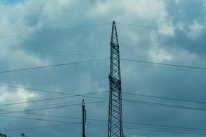 High voltage towers with sky background. Power line support with wires for electricity transmission. High voltage grid tower with wire cable at distribution station. Energy industry, energy saving photo