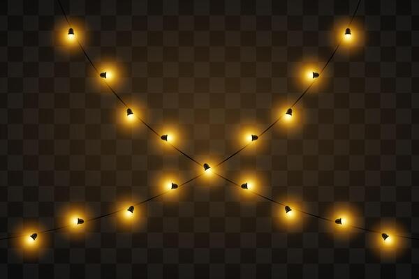 Festive lights. String of glowing golden lights arranged at an angle. Ideal for decorating events, holidays, or outdoor settings. The dark background highlights the glowing elements.