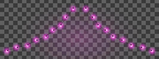Festive lights. String of glowing purple lights arranged at an angle. Ideal for decorating events, holidays, or outdoor settings. The dark background highlights the glowing elements. vector