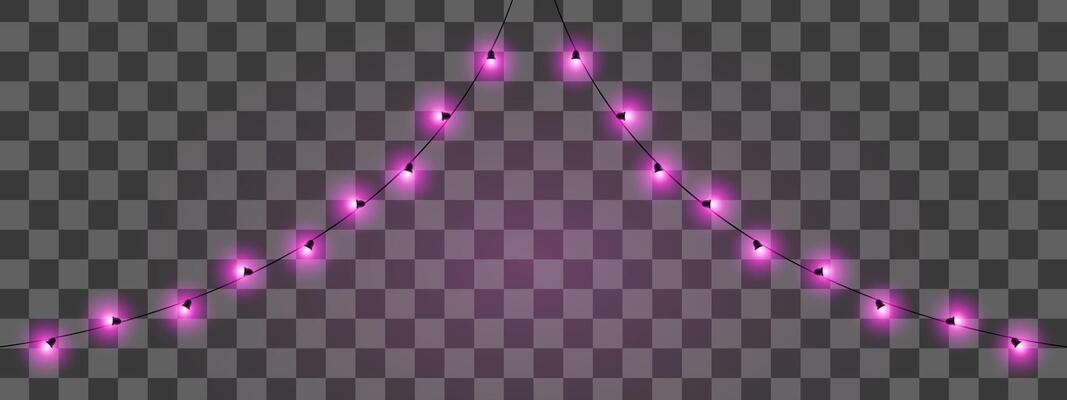 Festive lights. String of glowing purple lights arranged at an angle. Ideal for decorating events, holidays, or outdoor settings. The dark background highlights the glowing elements.