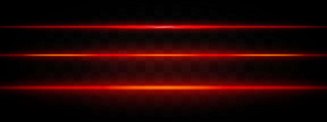 Red light beams. Three horizontal red and orange glowing beams with a bright center and fading edges on a dark background. Suitable for futuristic, sci-fi, or tech-themed designs.