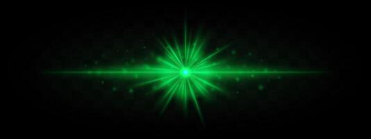 Horizontal green laser beam with starburst effect and scattered glowing particles on a transparent background. Ideal for sci-fi, futuristic, or technology-themed designs. vector