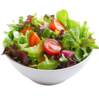 A salad in a white bowl with tomatoes, lettuce and other vegetables png