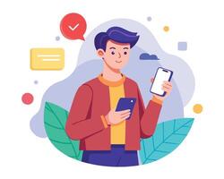 Man using smartphone, chat with friends, social media, social network, social media, social network vector