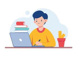 A man is sitting at a desk with a laptop and books vector