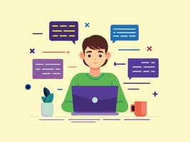 A man is sitting at a desk with a laptop and speech bubbles vector