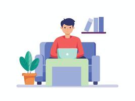 Man working on laptop in sofa flat illustration vector