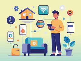 Man using smart home device and internet connected devices vector