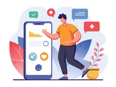 hombre utilizando teléfono inteligente a cheque salud estado vector