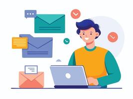 Man working on laptop with email icons vector