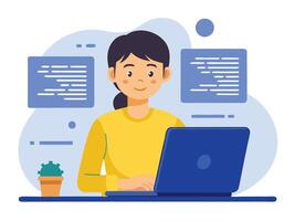 A woman is working on a laptop computer vector