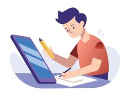 A man is writing on a computer screen vector