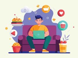 Man sitting on couch with laptop and food icons vector