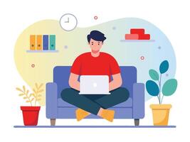 Man sitting on couch with laptop and plants vector