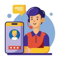 Call center agent with phone and chat with customer, call center service illustration vector