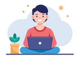 A man sitting on the floor with a laptop vector