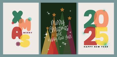flat design element merry xmas christmas day and happy new year 25 december greeting card collection set vector