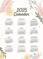 2025 calendar with line art floral illustration. Annual calendar template. Calendar design template vector