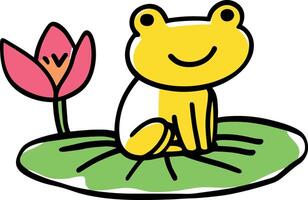 Smiling Cartoon Frog on Lily Pad with Blooming Lotus Flower in Simple Illustration Style vector