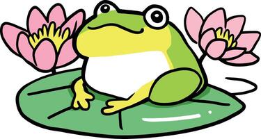 Charming Cartoon Frog on Lily Pad with Pink Lotus Flowers in Bloom vector