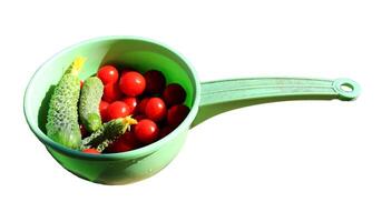 Plastic ladle with fresh washed vegetables tomatoes and cucumbers - color photo, isolate for design photo