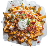 A pile of fries topped with cheese and bacon png