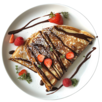 A plate with a crepe and strawberries on it png