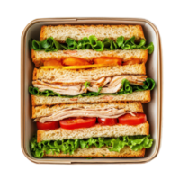 Sandwich in a container with lettuce, tomato and cheese png