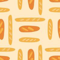 Seamless flat pattern of hand-drawn baguettes in warm tones, ideal for bakery-themed designs, packaging, backgrounds, or textile prints, showcasing artisan bread and minimalist style vector