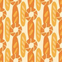 Seamless pattern of baguettes and bagels in orange and yellow, arranged in vertical rows vector
