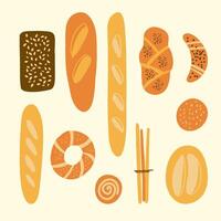 Minimalist flat illustration of various types of bread, including baguette, ciabatta, pretzel, and croissant, arranged on a light background, representing bakery diversity and artisan craftsmanship vector