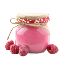 A jar of raspberry yogurt with raspberries png