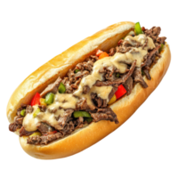 A beef sandwich with cheese and peppers on a bun png