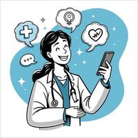 Doctor on smartphone with health symbols for remote consultation vector