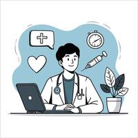 Doctor consulting through laptop with health icons and symbols vector