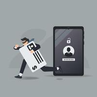 Personal account password unlocked, man thief the financial data. Phishing concept illustration vector