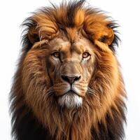 A lion is looking at the camera in front of a white background photo