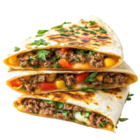 Three quesadillas with meat and vegetables on top png
