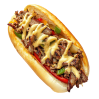 A hot dog with cheese and peppers on a bun png