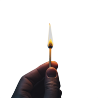 Hand holding a lit matchstick with a burning flame, captured against a transparent background png