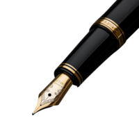 Close-up of a luxury black and gold fountain pen with intricate nib details on transparent background png
