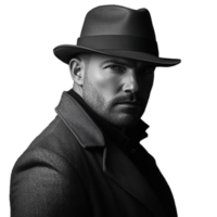 Monochrome image of a man in a fedora with a serious expression, side profile view on white png