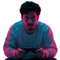 Young man with a focused expression playing a game controller, illuminated by neon light png