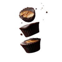 Chocolate cups with peanut butter filling broken in half, isolated on a transparent background png