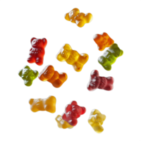 Assorted colorful gummy bears scattered randomly, isolated on a transparent background png