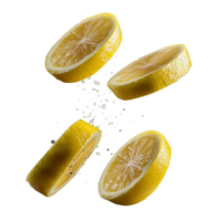 Floating lemon halves with visible pulp and water splashes, isolated on a transparent background png