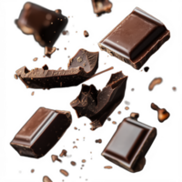 Assorted chocolate chunks flying apart in mid-air, isolated on a transparent background png
