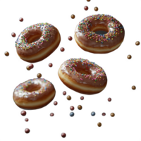 Assorted donuts with colorful sprinkles flying apart, isolated on a transparent background png